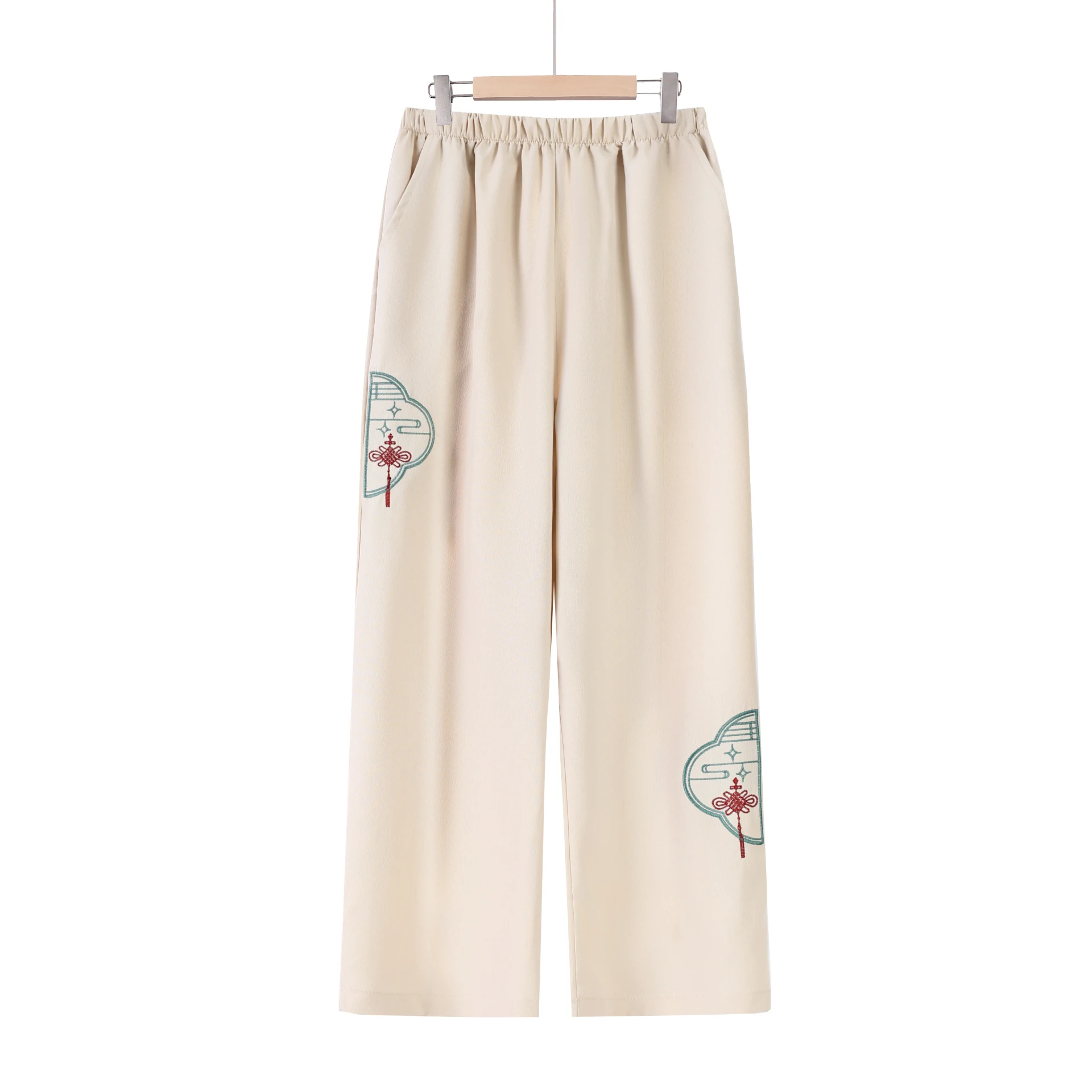 

Loose Fit Embroidered Nine-Piece Pants Elastic Waist Thin andma Sle Straight Leg Trousers for Middle-Aged And ly Women