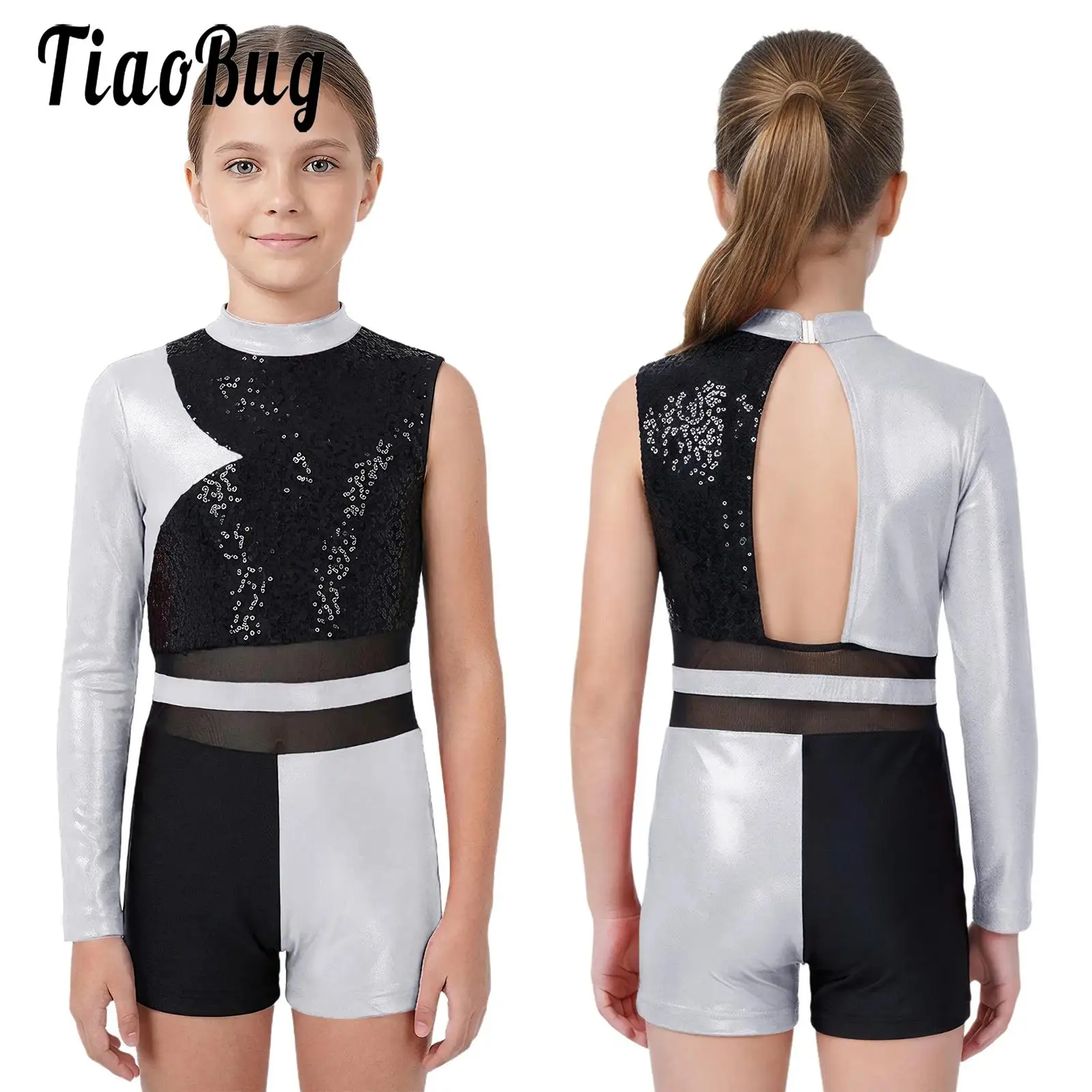 

Kids Jazz Dance Leotard Rhythmic Gymnastic Jumpsuits Glittery Sequins Asymmetrical Bodysuit Ballet Ballroom Dancewear for Girls