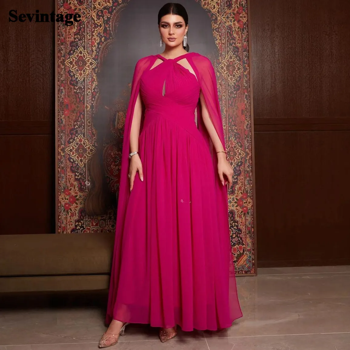 

Sevintage Fuchsia Chiffon Prom Dresses Long Capped Sleevs Women Evening Gowns Ankle-Length Formal Special Occasion Party Dress