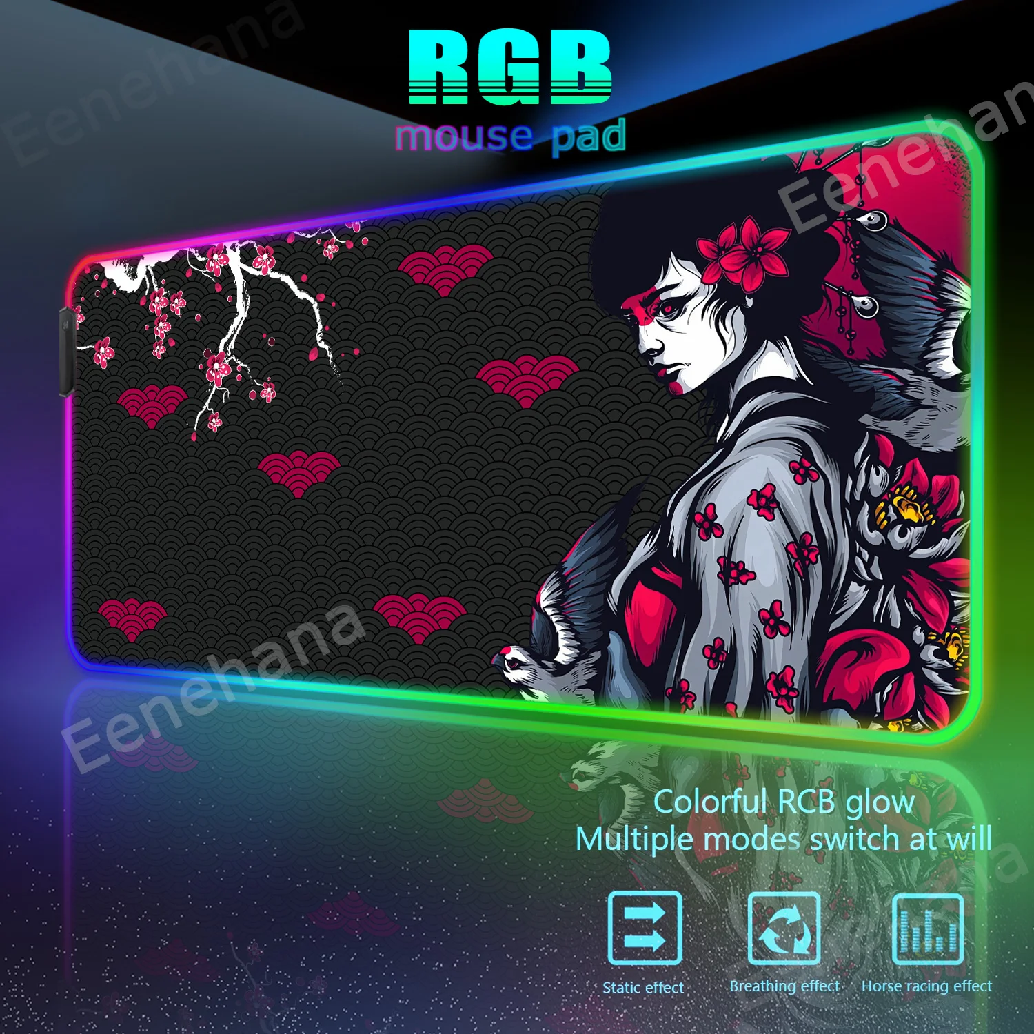 

RGB Japanese Girl PC GameR Large Black Laptop Accessories Mouse Pad HD Sakura LED Xxl Extended Pad Computer Personality Carpets