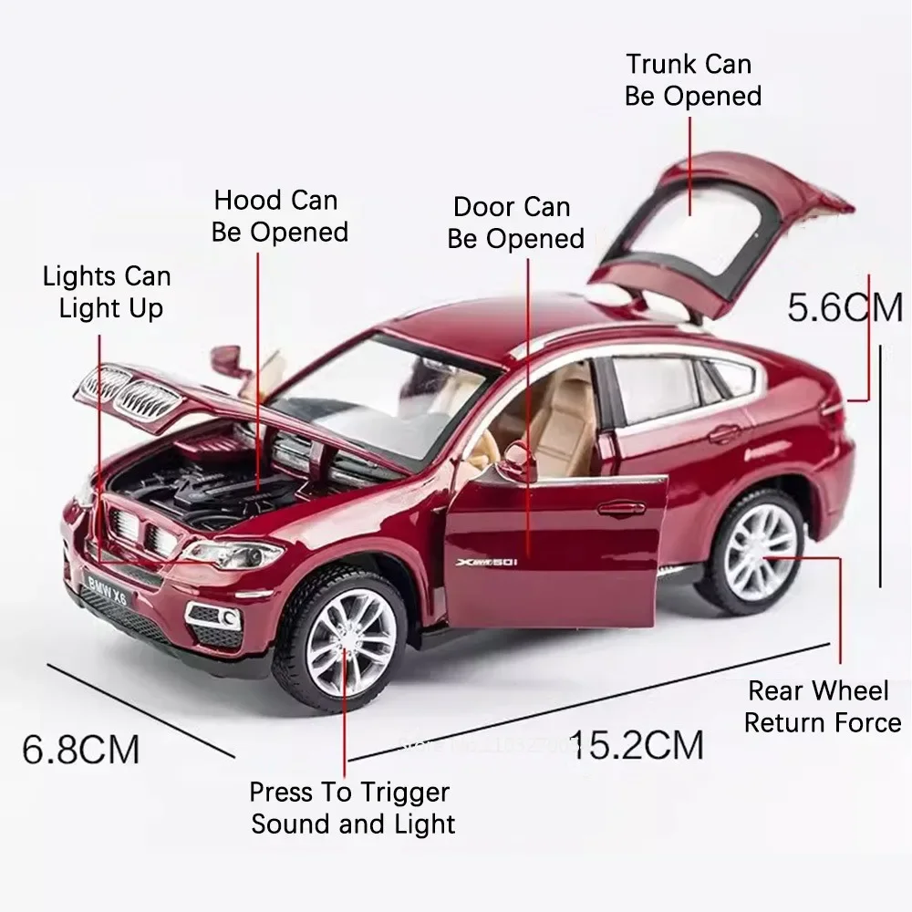 Modèle réduit de voiture BMW en alliage moulé sous pression, échelle 1:32, véhicule, portes ouvertes, corps en métal et caoutchouc, son et lumière, côtes arrière, jouet, cadeau d'anniversaire pour enfant