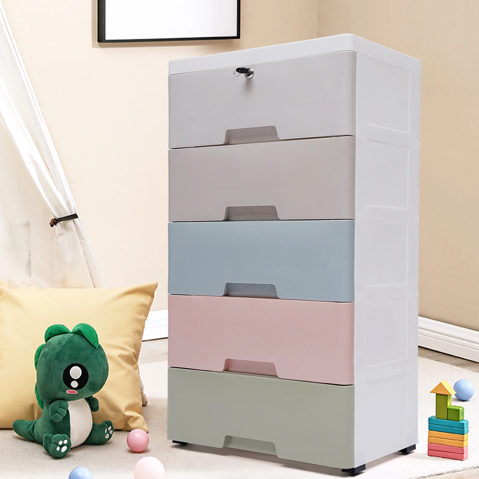 

Macaron Color Chest of 5 Drawers Drawer Tower Dresser Clothes Storage Racks Bedroom Plastic Practical Cabinet