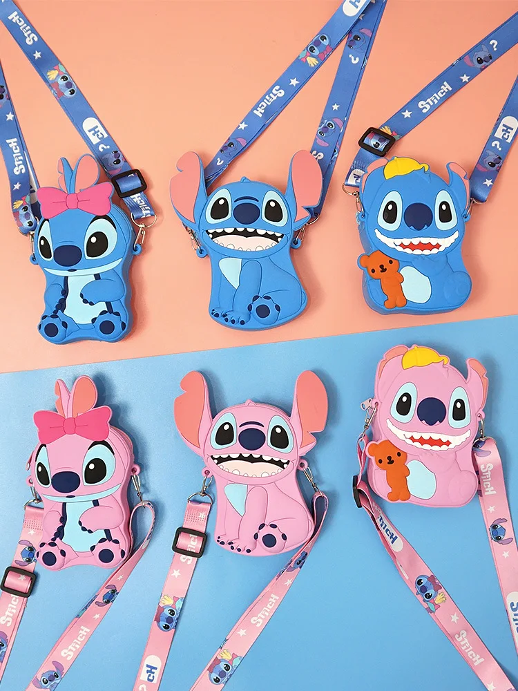 Kawaii Disney Wallet Stitch Silicone Kids Coin Purse Bag Cartoon Fashion Crossbody Bag Headphone Storage Bag Girls Birthday Gift