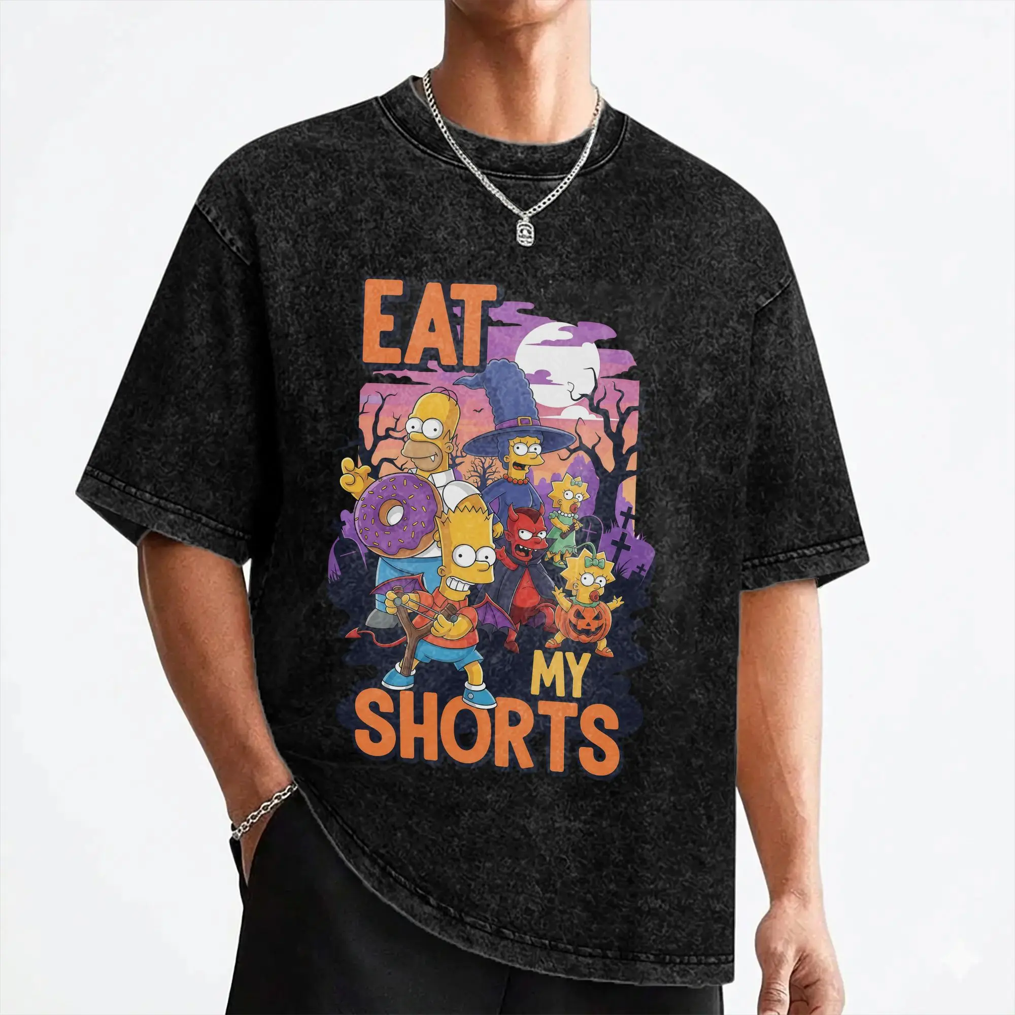 Cartoon S-Simpsons Halloween T Shirts Washed Cotton Harajuku T-Shirt  Fashion for Men Women Streetwear Graphic Printed Tees