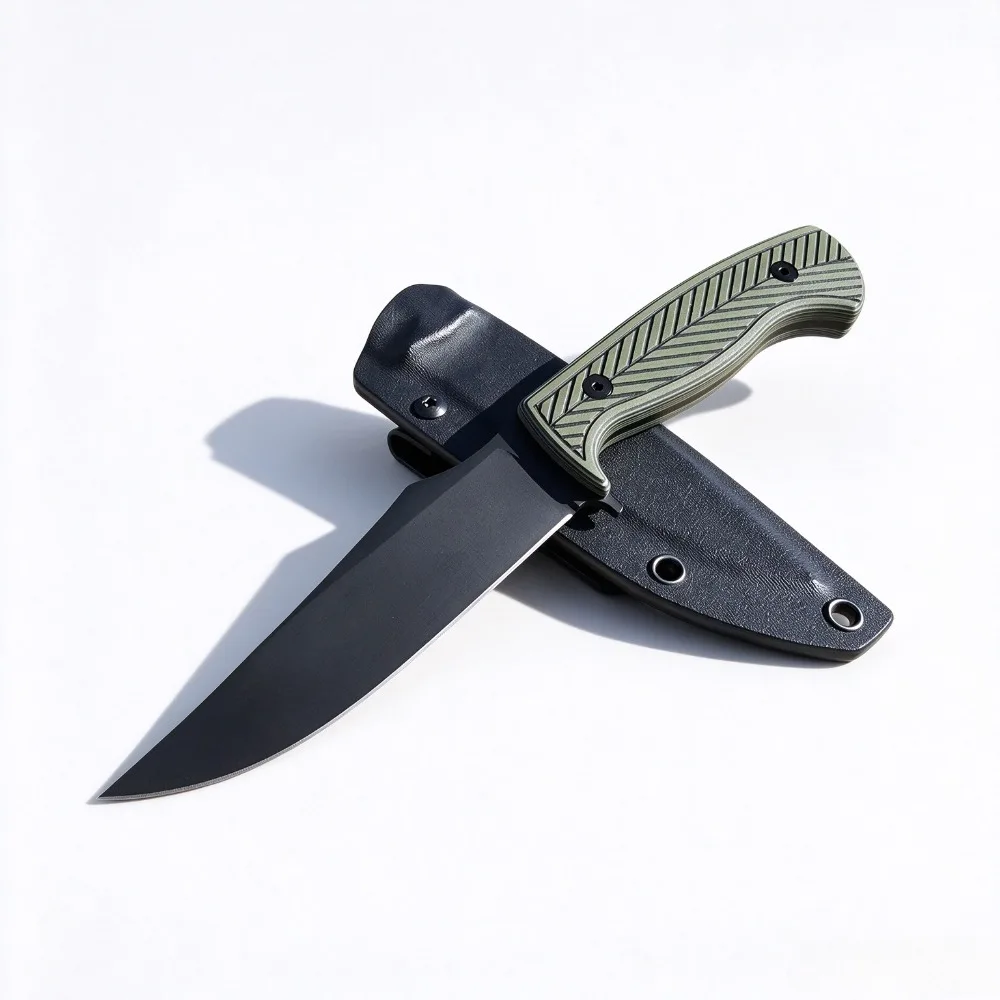 EDC Straight Knife Green Pattern G10 Handle 8Cr13Mov Blade Outdoor Hunting Camping Knife with Kydex Sheath
