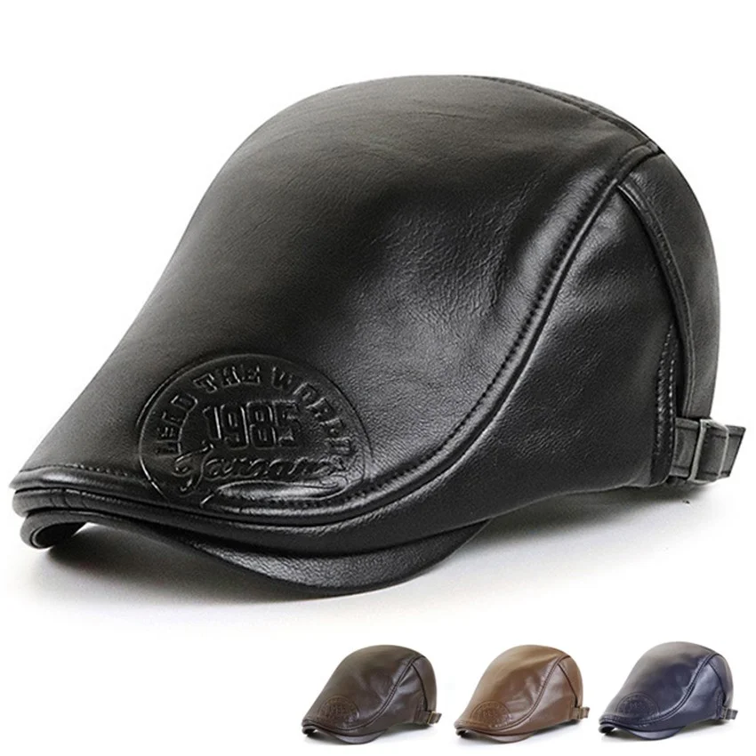 New Autumn Winter Men Peaked Cap PU Leather Flat Cap Warm Duckbill Cap Beret Hat Stamping Logo Sports Cap