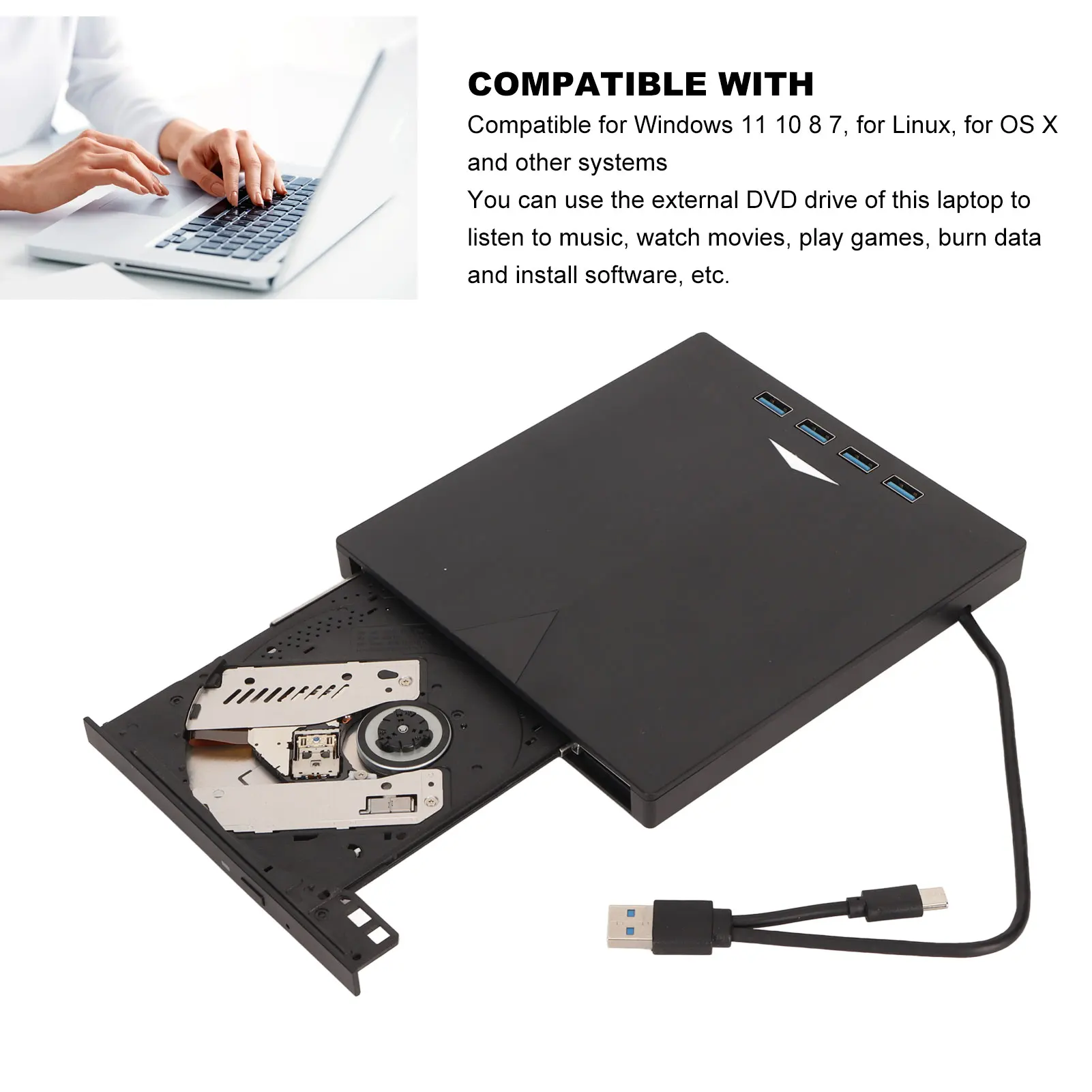 External Optical Drive Portable 7 in 1 CD DVD Player Storage Card Reader USB3.0 High Speed Data  Type C for Laptop