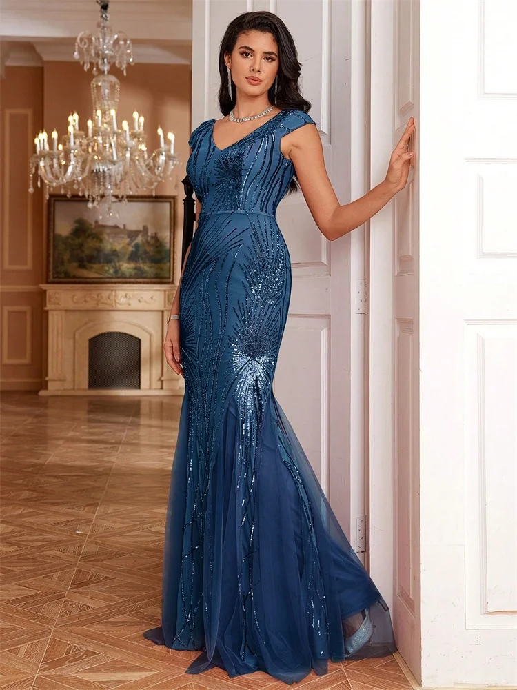 فستان سهرة رسمي فاخر بدون أكمام على شكل حرف v ترتر 2025 أنيق حورية البحر حفلة ماكسي حفلة موسيقية عربية كوكتيل فساتين التخرج