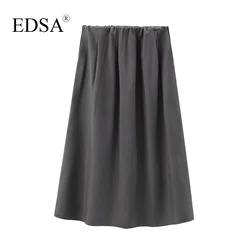 EDSA Women Grey A-Line Midi Skirt High Elastic Waist All Seasons for Casual Girls All-Match Long Skirts