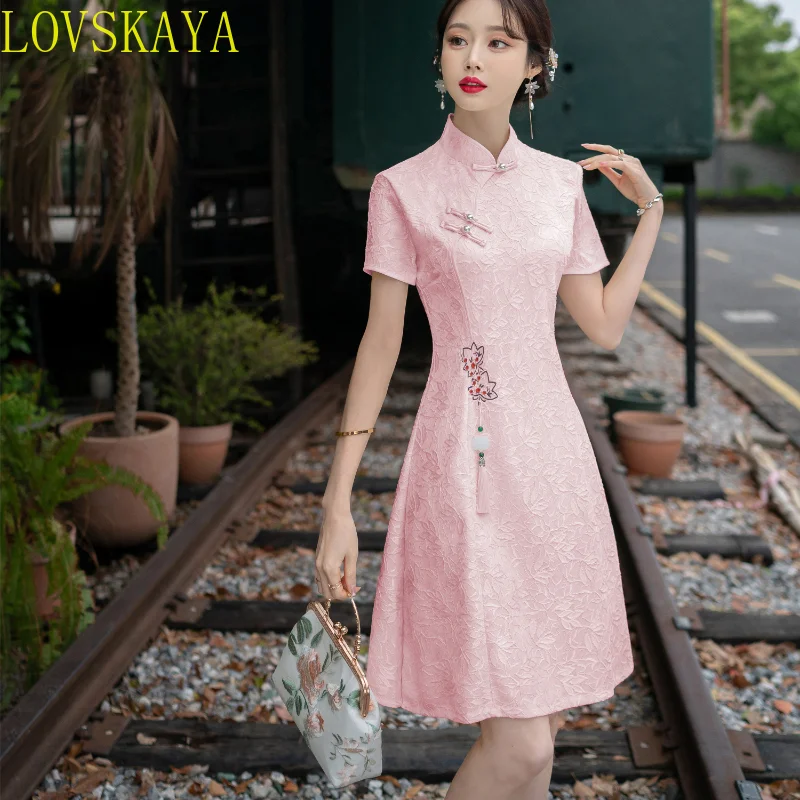 New Plus Size Retro Red Embroidery Chinese Traditional Casual Party Women's Midi Dress Summer Plaid Dress