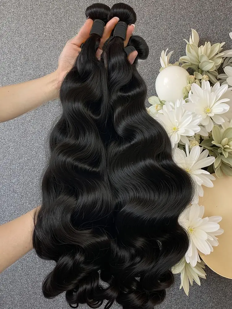 Body Wave Bundles Human Hair Natural Black Color Body Wave Bundle 30 32 34 Inch Grade 12A Brazilian Virgin Remy Hair 3 Bundles image 2