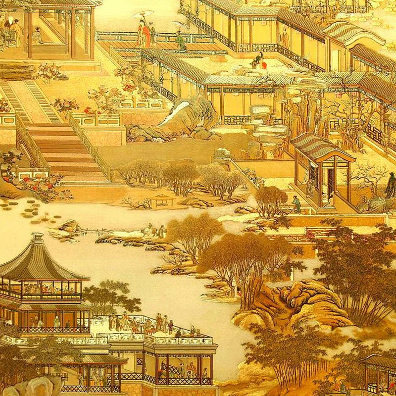 

Self-Adhesive Chinese Wallpaper Qingming Shanghe Map Golden Classical Restaurant Zen Landscape Wall Paper Hotel Tea Study Room