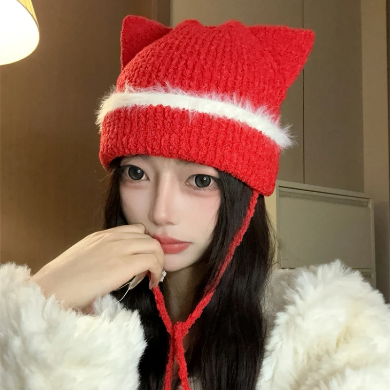 Japanese Color Matching Cat Ears Knitted Pullover Hat Women's Autumn and Winter Outdoor Warmth Strap Plush Skull Beanie Cap