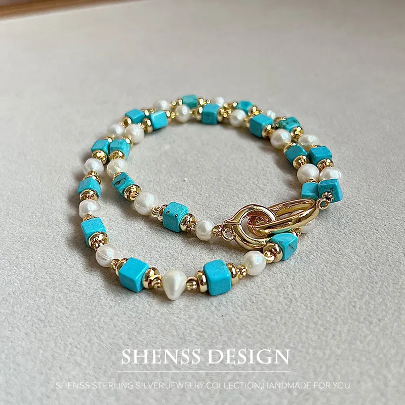 Collier de perles d\'eau douce turquoise naturelle, bracelet plaqué cuivre, accessoires en or 14 carats