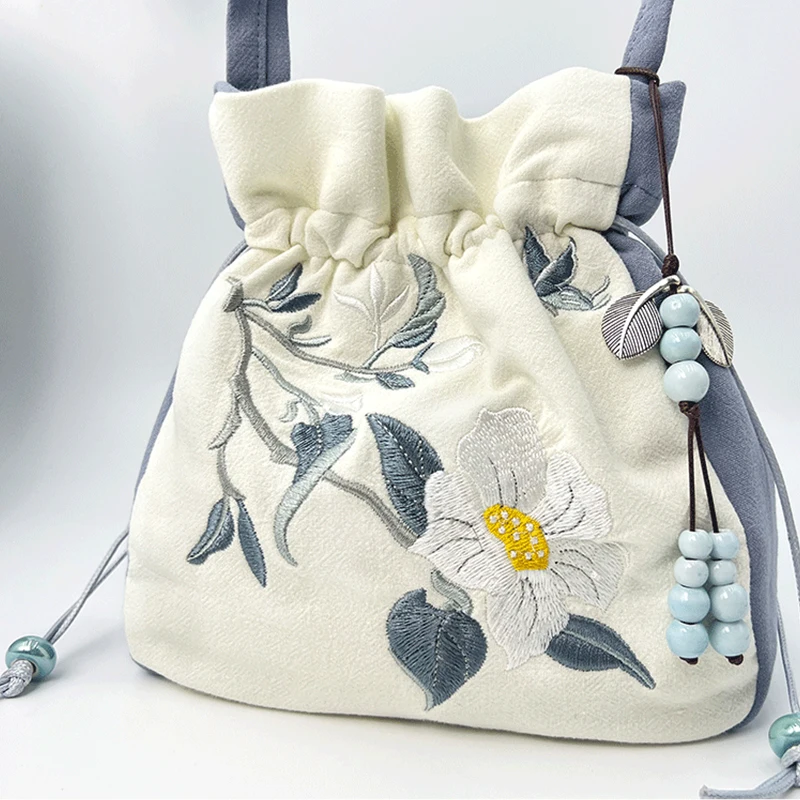 Chinese Style Retro Flower Embroidery Crossbody Top-handle Bags Women Shoulder Lace Drawstring Bucket Bag Coin Purses Handbags