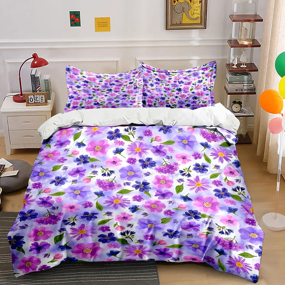 

3pcs Purple and Pink Floral Pattern Duvet Cover Set with 3D Printing Design Soft Polyester Bedding Set All-Season Comfort