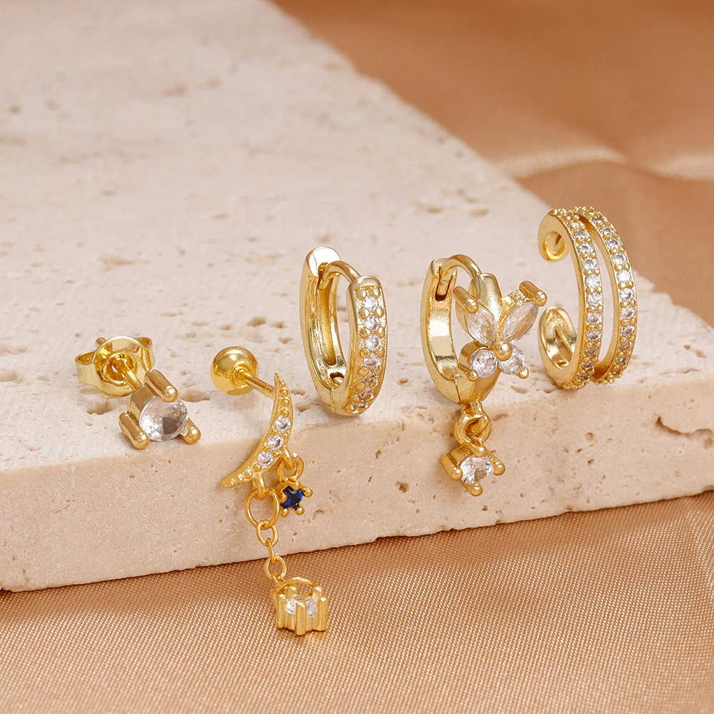 5PCS Stainless Steel Geometry Huggie Hoop Earrings Set Daily Wear Gold Color Zircon Earring Wedding Couple Ear Jewelry aretes