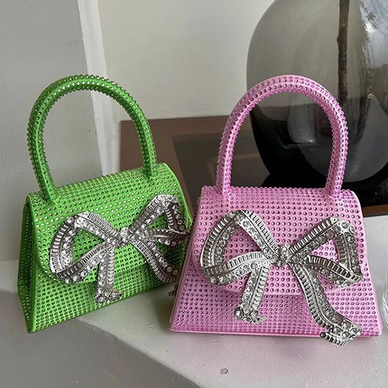 

Candy Crystal Chains Bow Evening Party Bag Luxury Totes Diamond Small Flap Bag All Rhinestone Banquet Crossbody Bag Clutch Purse