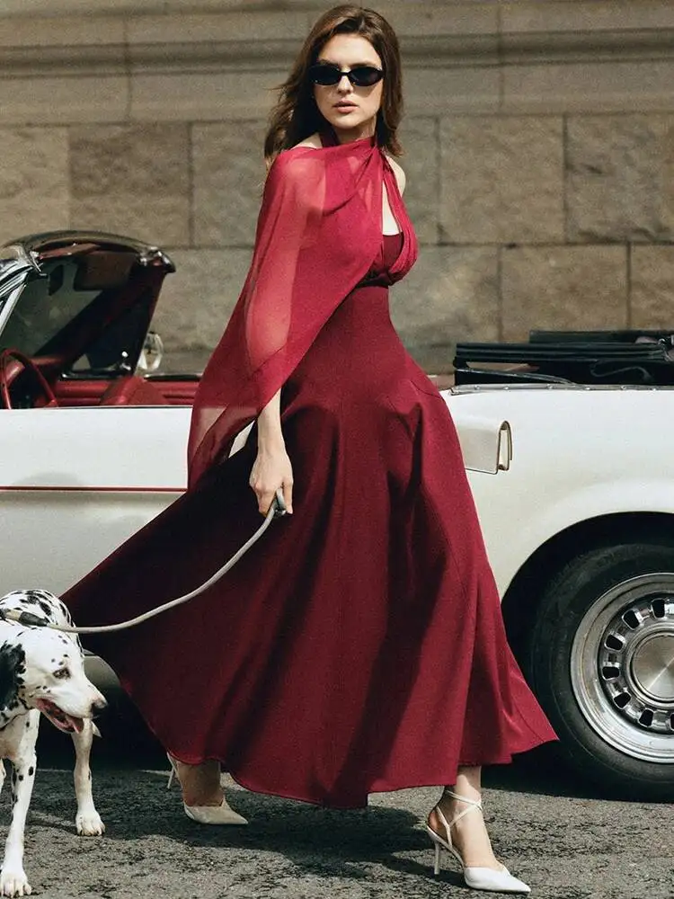 QMQA Fashion Women's Elegant Dresses Halter Gauze Ribbon Patchwork Pleated A-line Evening Party Dress 2026 Spring New QM1058