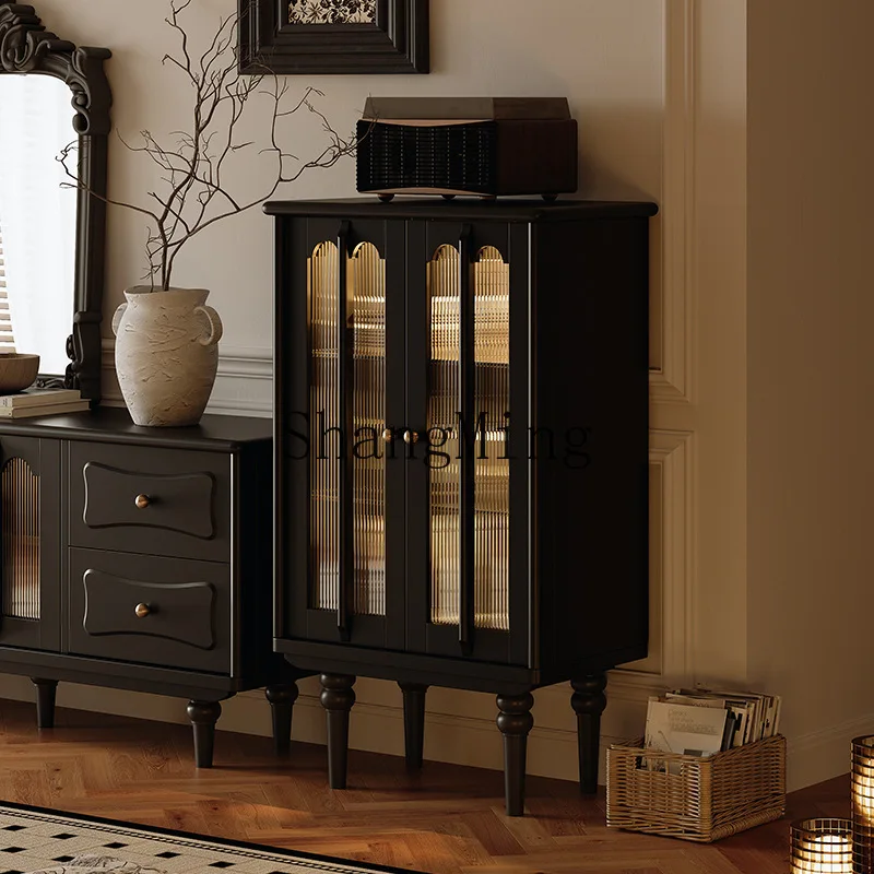 Lemari Anggur Kaca Retro Premium ZYY Hitam Kayu Solid untuk Dinding, Rak Pajangan Samping TV Rumah