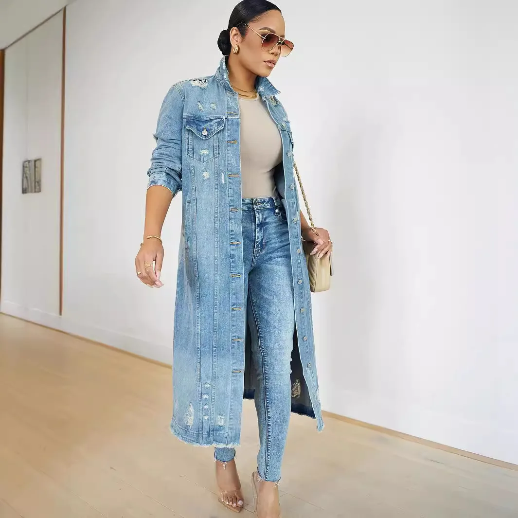 Women Long Denim Jacket Hole Overcoat Single Breasted Pockets Turn Down Collar 2024 Female Streetwear Vintage Jean Outerwear