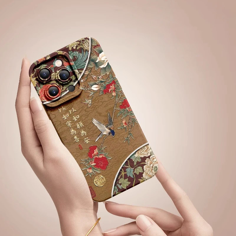 Deluxe Case For iphone16 15 14 13 12 11 Pro Max Silicone Advanced Cell Phone Protective Cover Retro Peony Bird