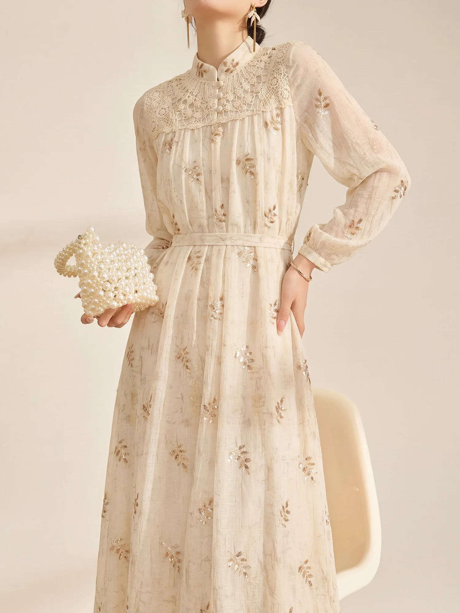 

Элегантное китайское длинное платье с вышивкой, воротником-стойкой и пайетками, женское, весеннее, модное, для офиса