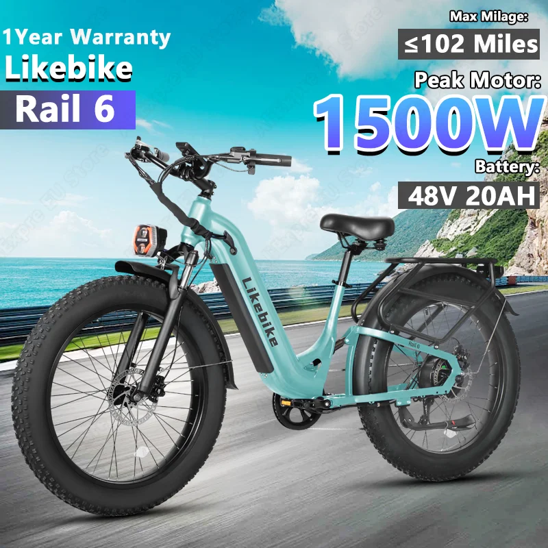 

LikeBike Rail 6 E Bike 1500 Вт Пиковый двигатель 48V20AH Электрический велосипед со съемной батареей Двойной дисковый тормоз 26-дюймовый электрический велосипед с толстыми шинами