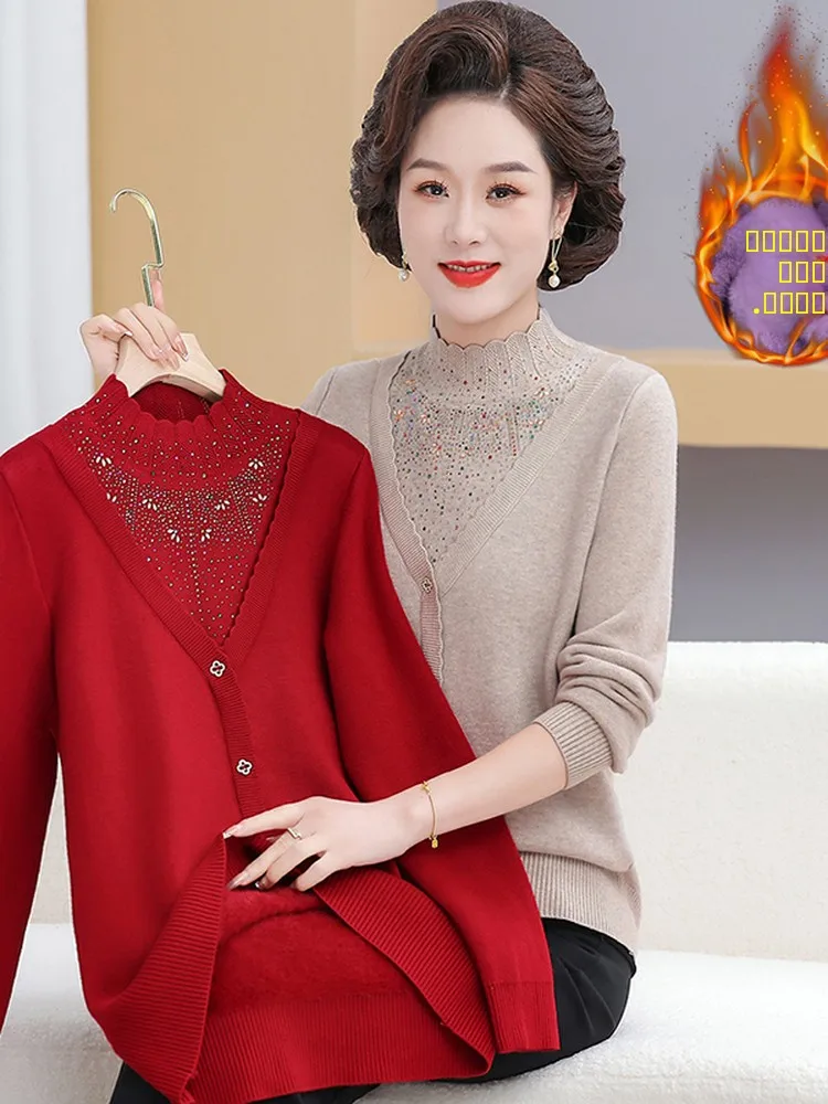Thiened Fce 여성용 스웨터 따뜻한 베이스 레이어 벨벳 안감 40-49세 엄마 겨울 패션 출퇴근용