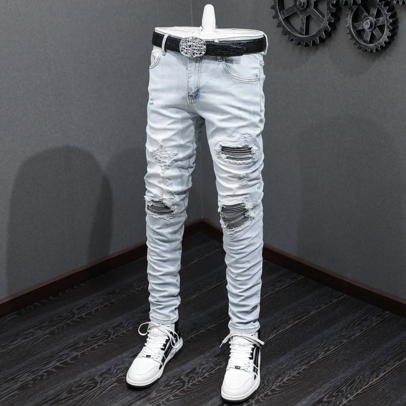 

Fashionable new men's jeans with perforated patches, washed nostalgic elastic slim fit, light blue wrinkled jeans, hip-hop style