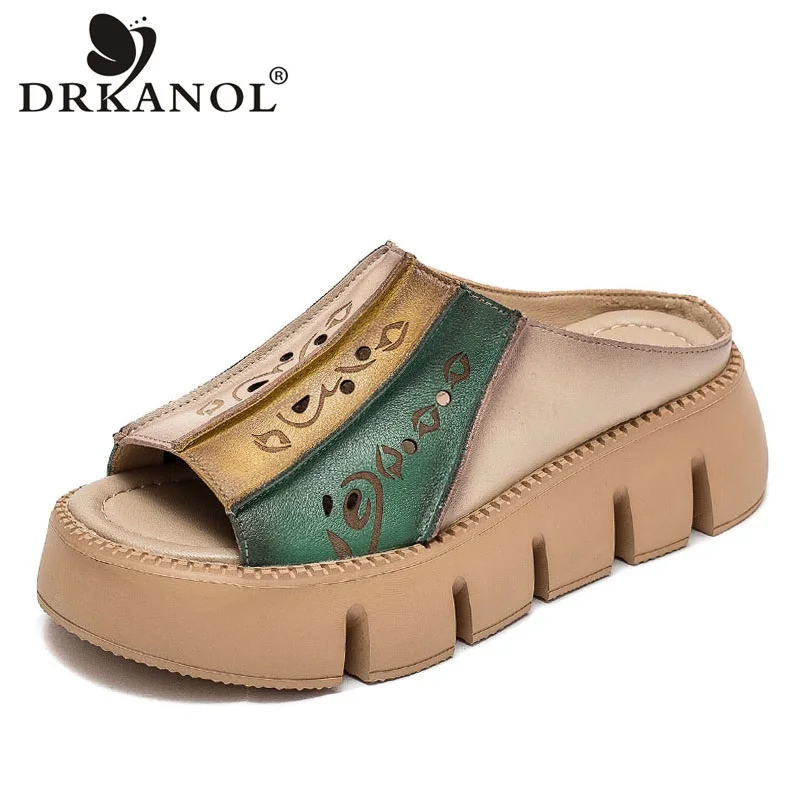 

DRKANOL Fashion Women Chunky Slippers Summer Slingback Shoes Mixed Colors Genuine Leather Wedges Heel Outside Casual Slippers