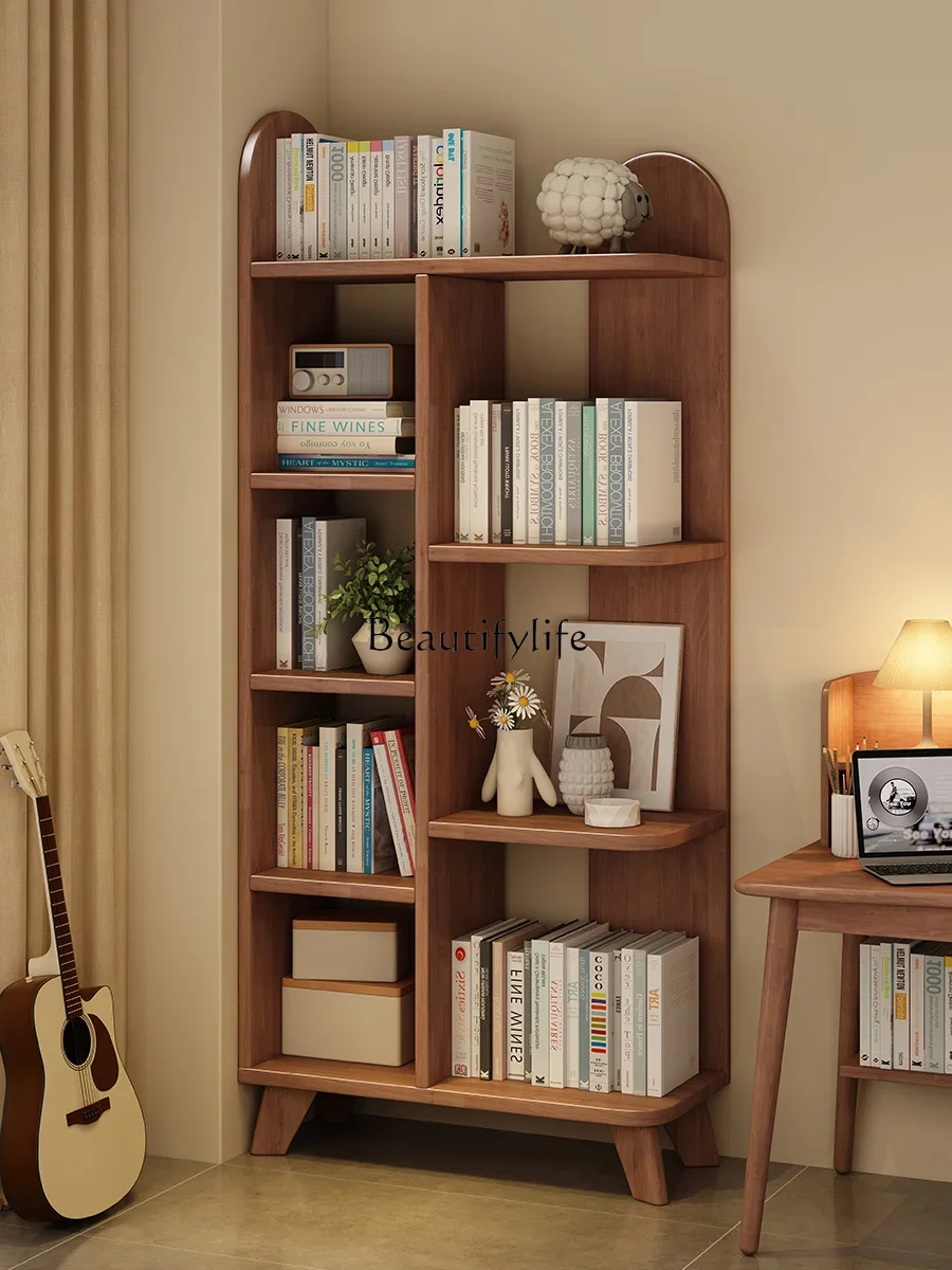 All solid wood household living room corner bookcase small apartment multi-layer storage floor-to-wall storage rack