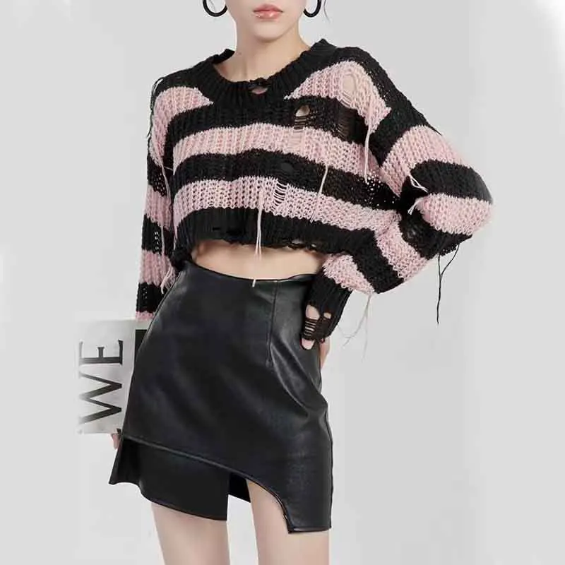 Gothic Pink Striped Women Knit Crop Sweaters Fashion Ripped Holes Tassel Pullover Frayed Y2K Korean Loose Streetwear Jumpers