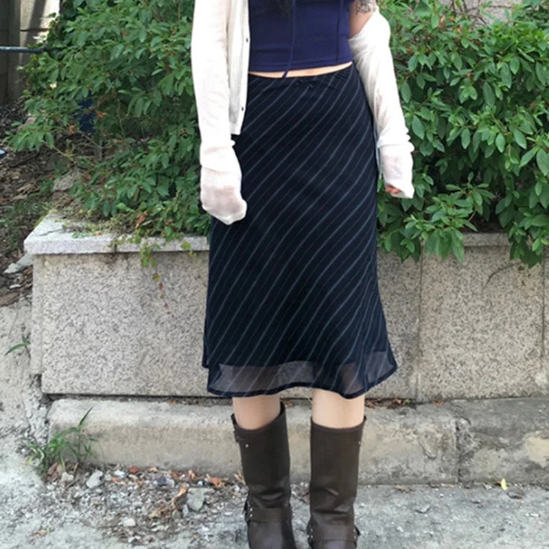 Falda ceñida a rayas Vintage con lazo, diseño de bloques de Color, ropa informal de fiesta, falda Midi de estilo dulce y picante a la moda