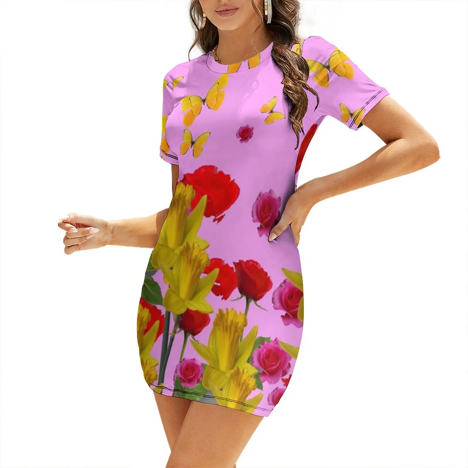 

YELLOW BUTTERFLIES RED ROSES DAFFODILS Short-Sleeved Dress women party dresses Dress