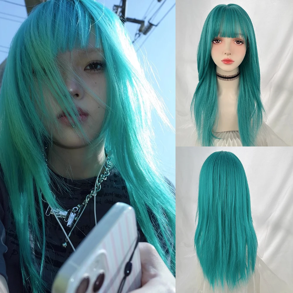 

Сине-зеленый длинный прямой синтетический женский парик с челкой, пушистый парик Лолиты для косплея, термостойкий для повседневной вечеринки