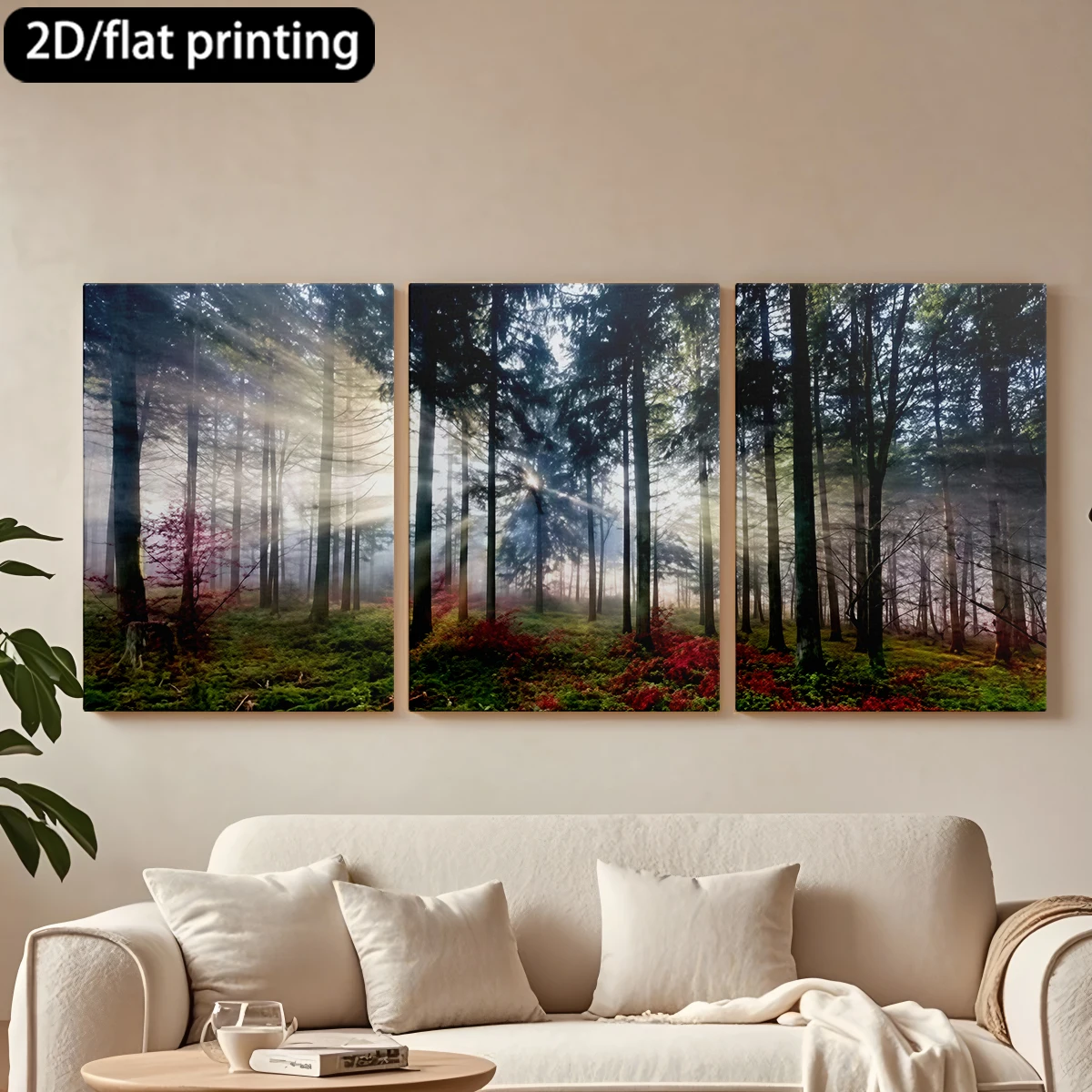

3pc wooden frame canvas decorative painting Sun-kissed forest, lush greens, reds.Corridor, Living Room Decoration