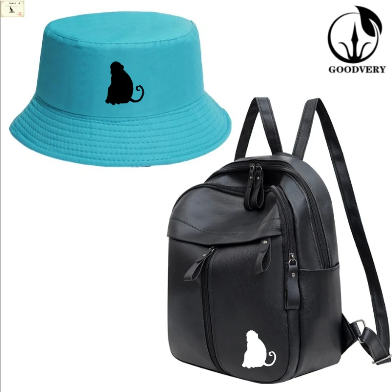 Conjunto de mochila y sombrero de cubo con estampado de mono, color naranja brillante/negro con mochila blanca con cara de mono para hombre, mochila de viaje, 2 uds.