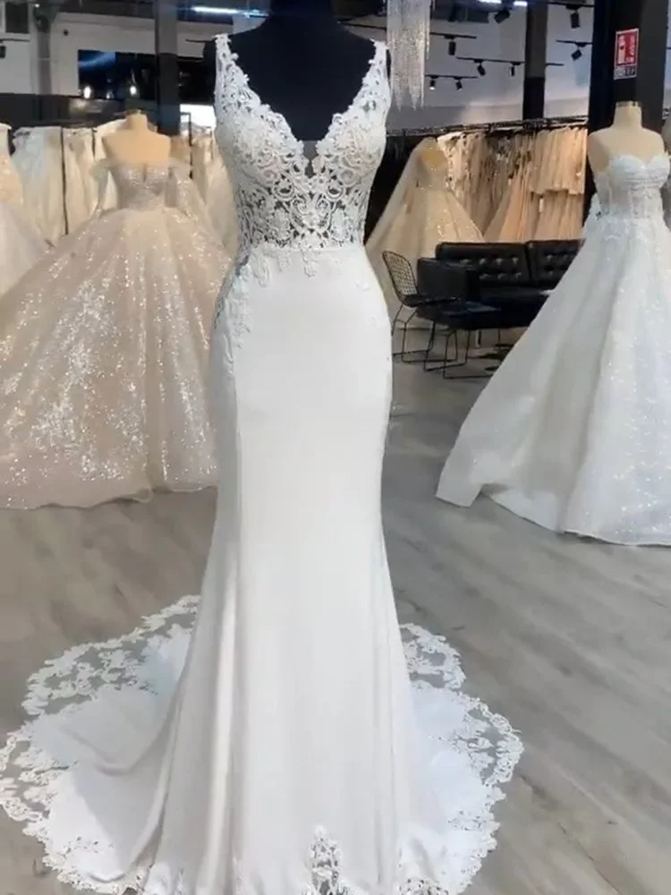 Personalizado decote em v ver através de vestidos de casamento de renda trem varredura vestido de novia botões voltar jardim país vestidos de noiva