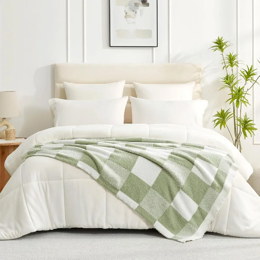 بطانية مربعة باللون الأخضر المريمية للأريكة: بطانية رمي من الألياف الدقيقة منقوشة قابلة للعكس مقاس 50 × 60 بوصة من القماش الناعم المريح والغامض