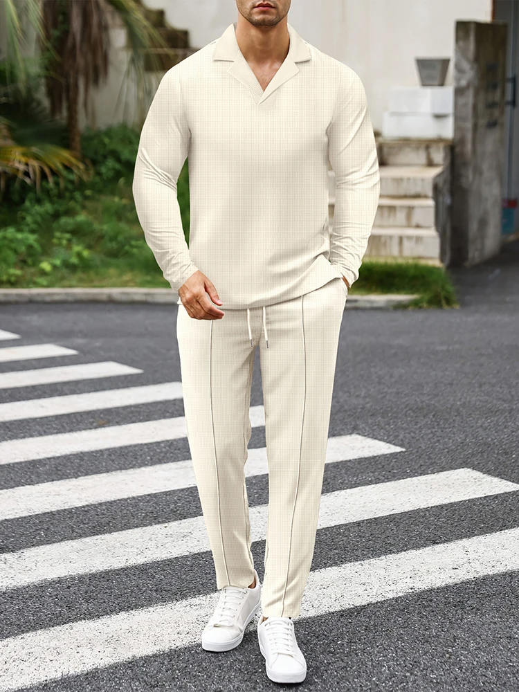 Autumn Casual Breathable Waffle Outfits Mens Solid Color Two Piece Sets Vintage Lapel Long Sleeve Polo Shirt And Pants Suits Men