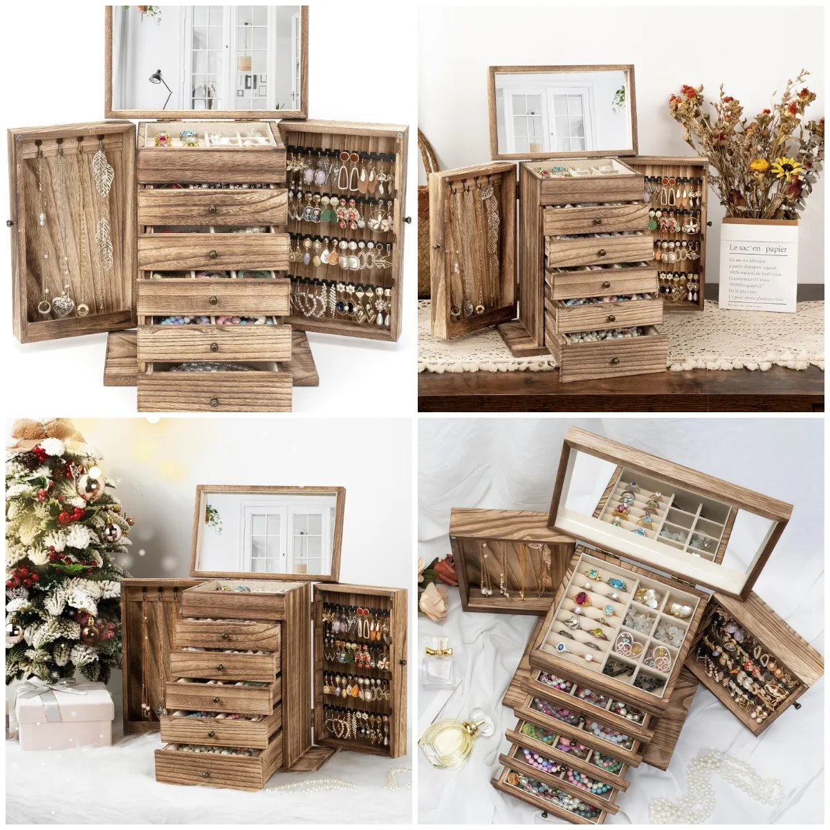 

6-Tier Wooden Jewelry Box for Women with Mirror, Rustic Solid Wood Organizer for Rings, Earrings, Necklaces, Bracelets, Watches