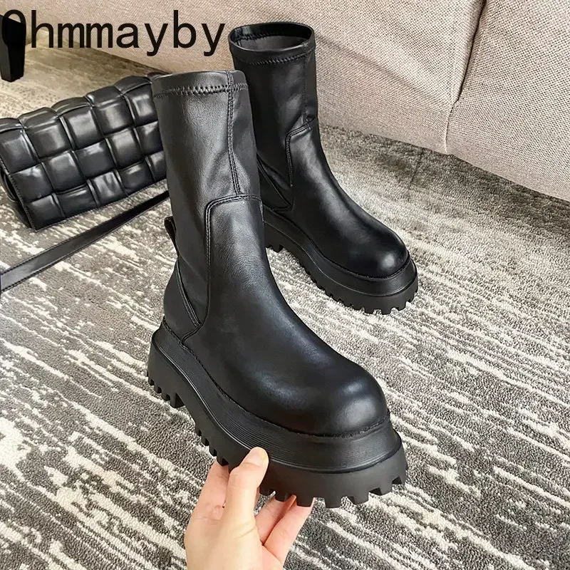 Botas largas de plataforma gruesa para mujer, botines hasta la rodilla con cremallera y punta redonda, a la moda, invierno, 2024