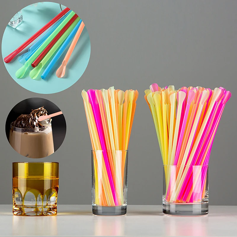 100pcs Multicolour Plastic Straws Drinking Straw Spoon Bar Pub Slush Straw For Birthday Celebration Party Supplies