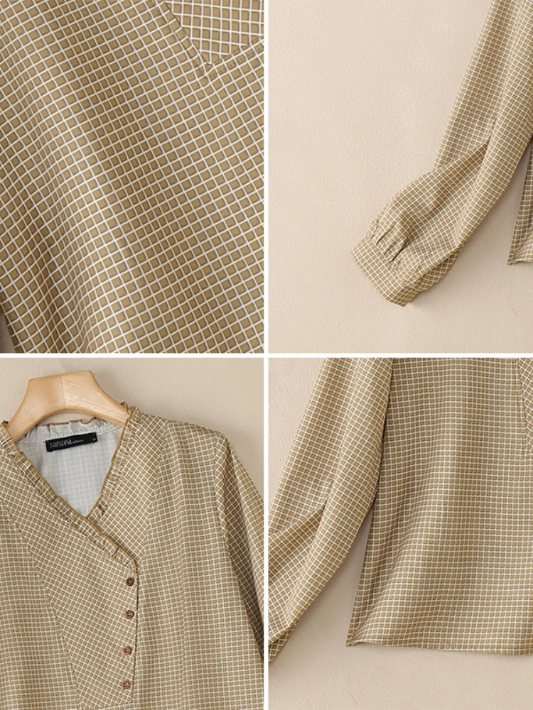 Zanzea blusas femininas xadrez primavera 2026 casual manga longa babados com decote em v meio botões guingão topos vintage verificado roupas femininas