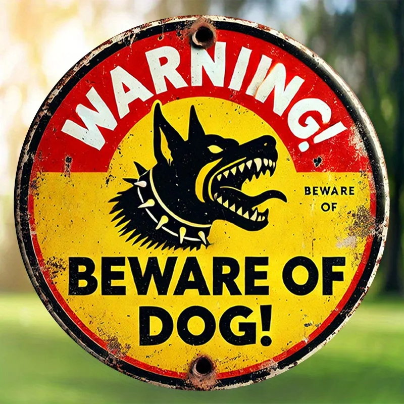 a 2D Flat, Dog Bark Warning, Retro Classic 8-Inch Round Metal Sign, Caution Dog Deterrent, Suitable for Home and Wall Decor Art