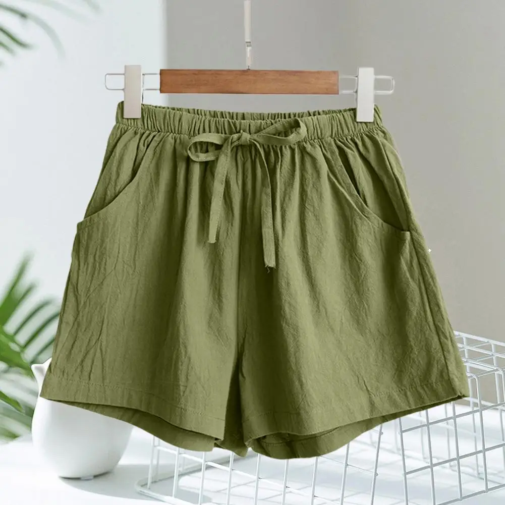 Women Drawstring Casual Short Pants High Waist Solid Color Pockets Thin Linen Wide Leg Women Casual Shorts Outdoor Streetwear