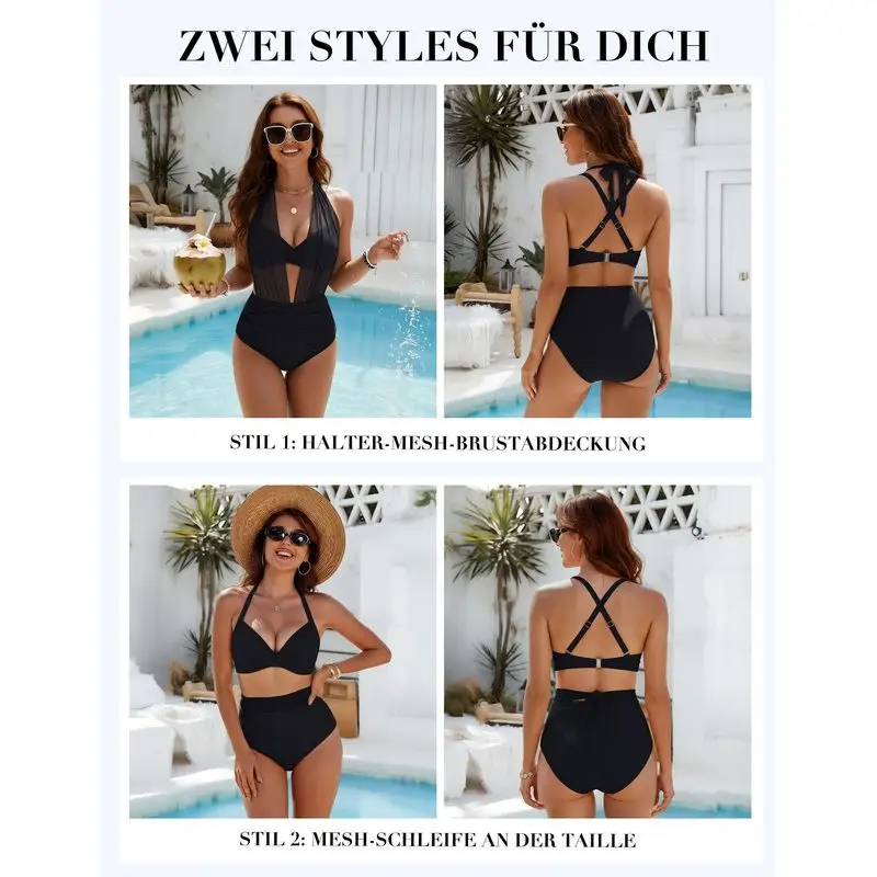 Stylish Female Two Piece Mesh Bikini Set High Waist Tummy Control Swimsuits Women Fashionable Beach Bathing Suit Sets