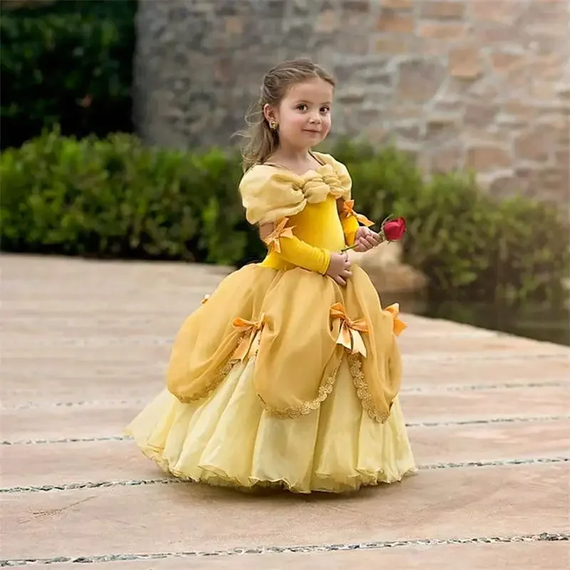 Princess Dress Kids Cosplay Costumes for Girls Disguise Costumes Yellow Fancy Elegant Gown Fairy Beauty Halloween Party Vestidos