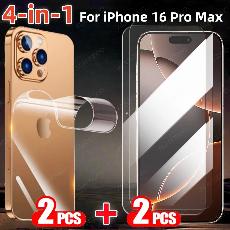 4in1 Front Back Screen Protector For iPhone 16 Pro Max 15Pro 14Plus 13 Tempered Glass+Back Hydrogel Film For iPhone 16ProMax